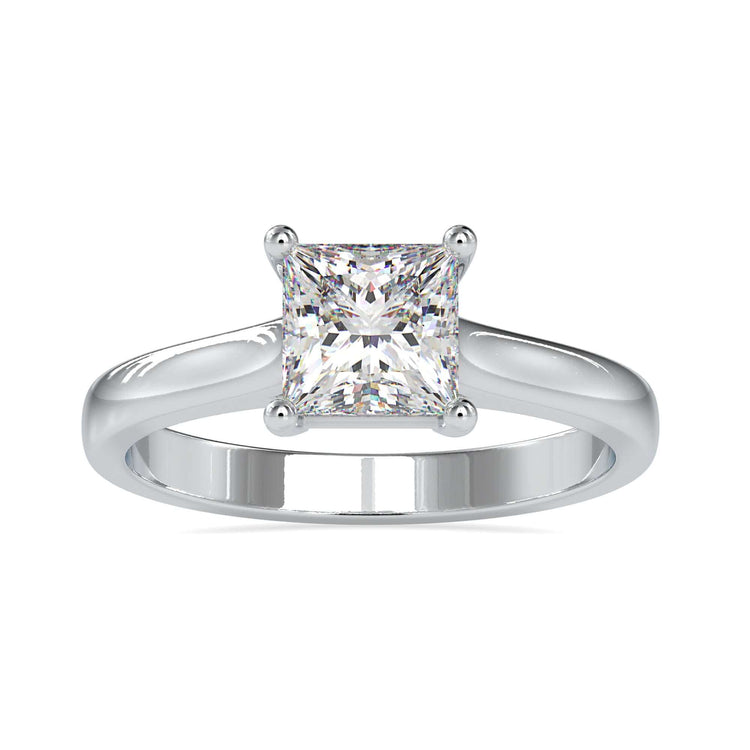 Solitaire engagement ring with a princess cut diamond in a classic diamondrensu ring style.
