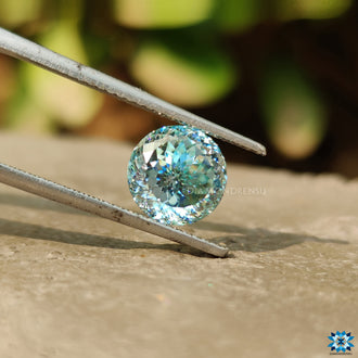 Portuguese cut cyan blue moissanite shown as a single loose stone.
