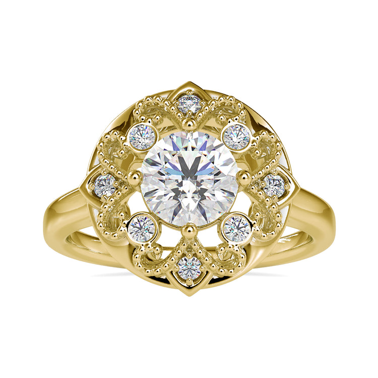 Prong setting ring with round cut diamond in yellow gold comfort fit band
