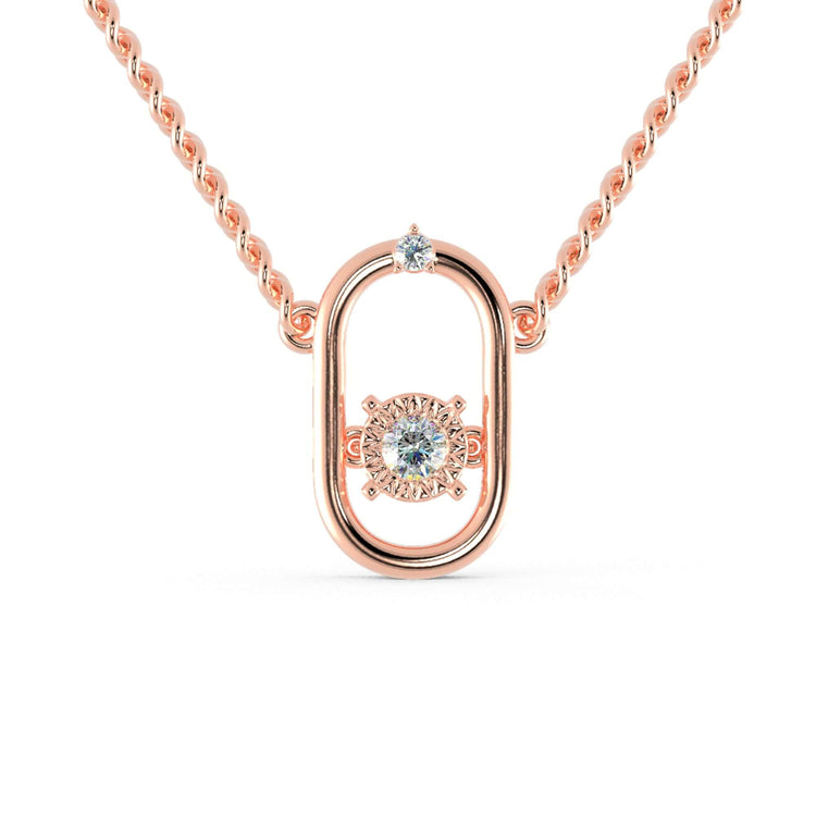 The framed pendant enhances the center stone with elegance.
