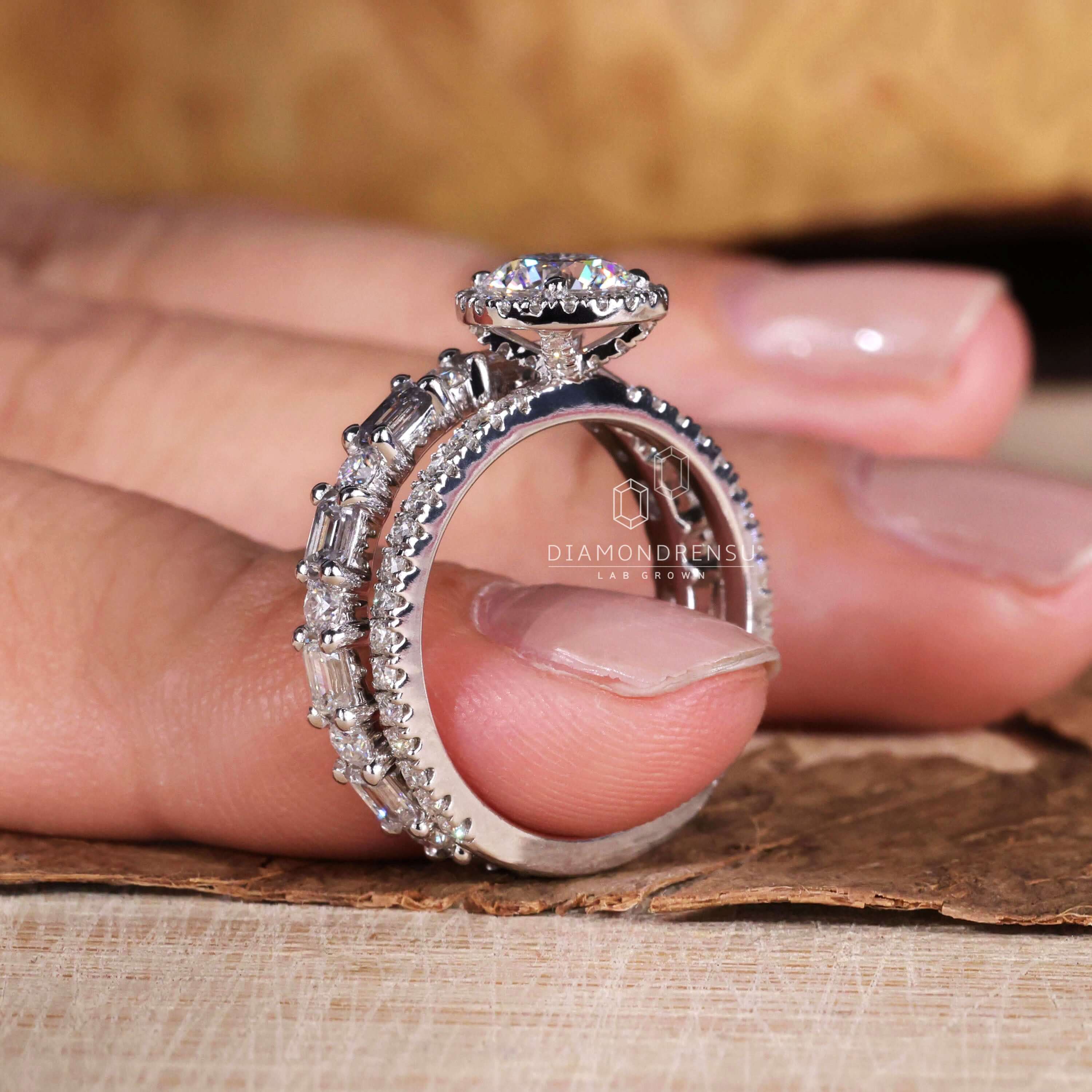 Round Diamond Ring, Emerald Cut Wedding Band, Diamond Bridal Set