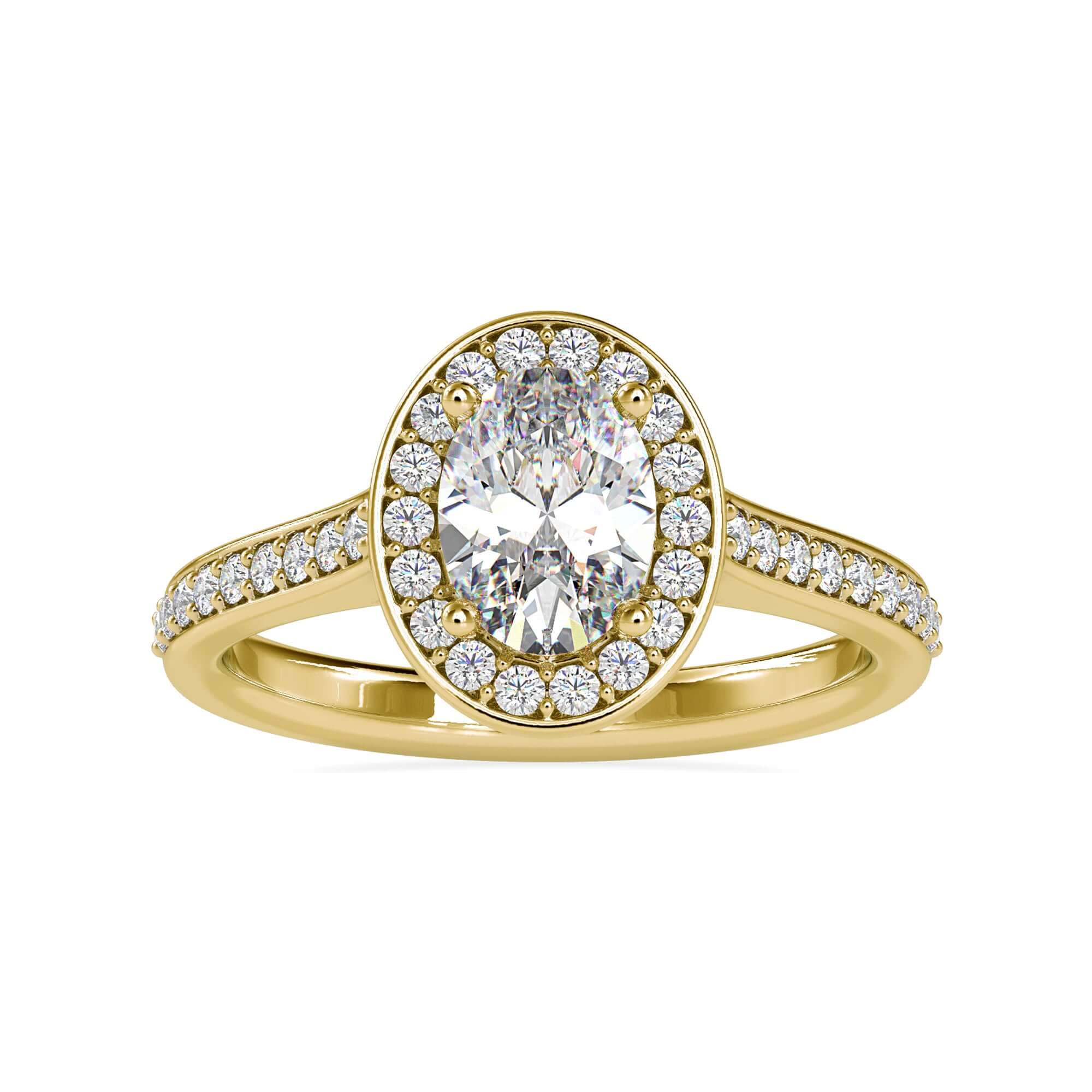 Engagement ring with pave band, oval diamond and shared prong