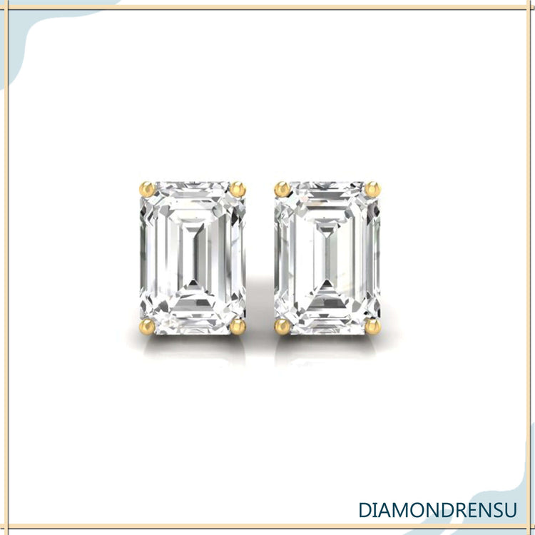 Sophisticated emerald cut diamond stud earrings with handmade craftsmanship for a timeless look.
