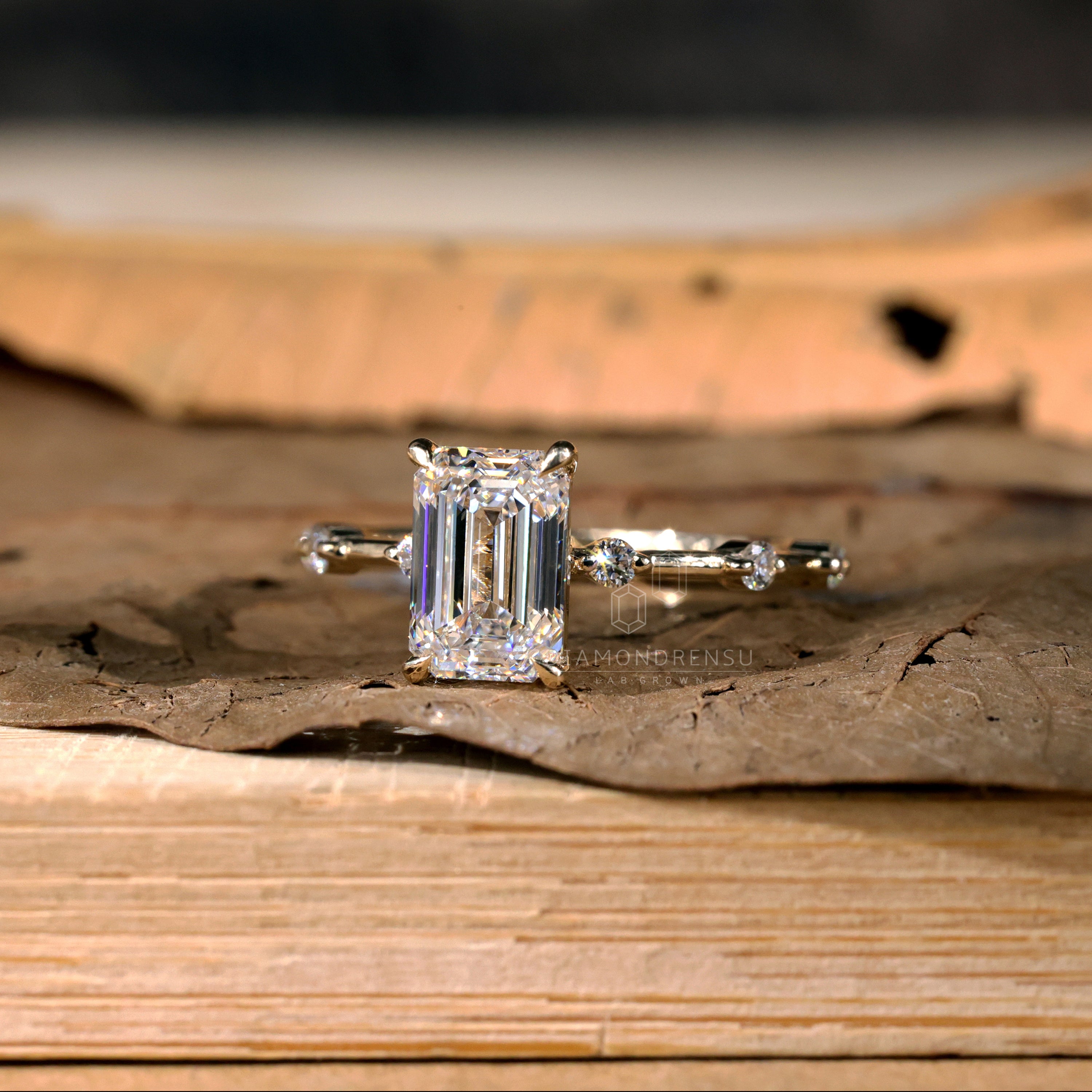 Lab Created Diamond Ring-Distance Pave Set Emerald Cut Engagement Ring