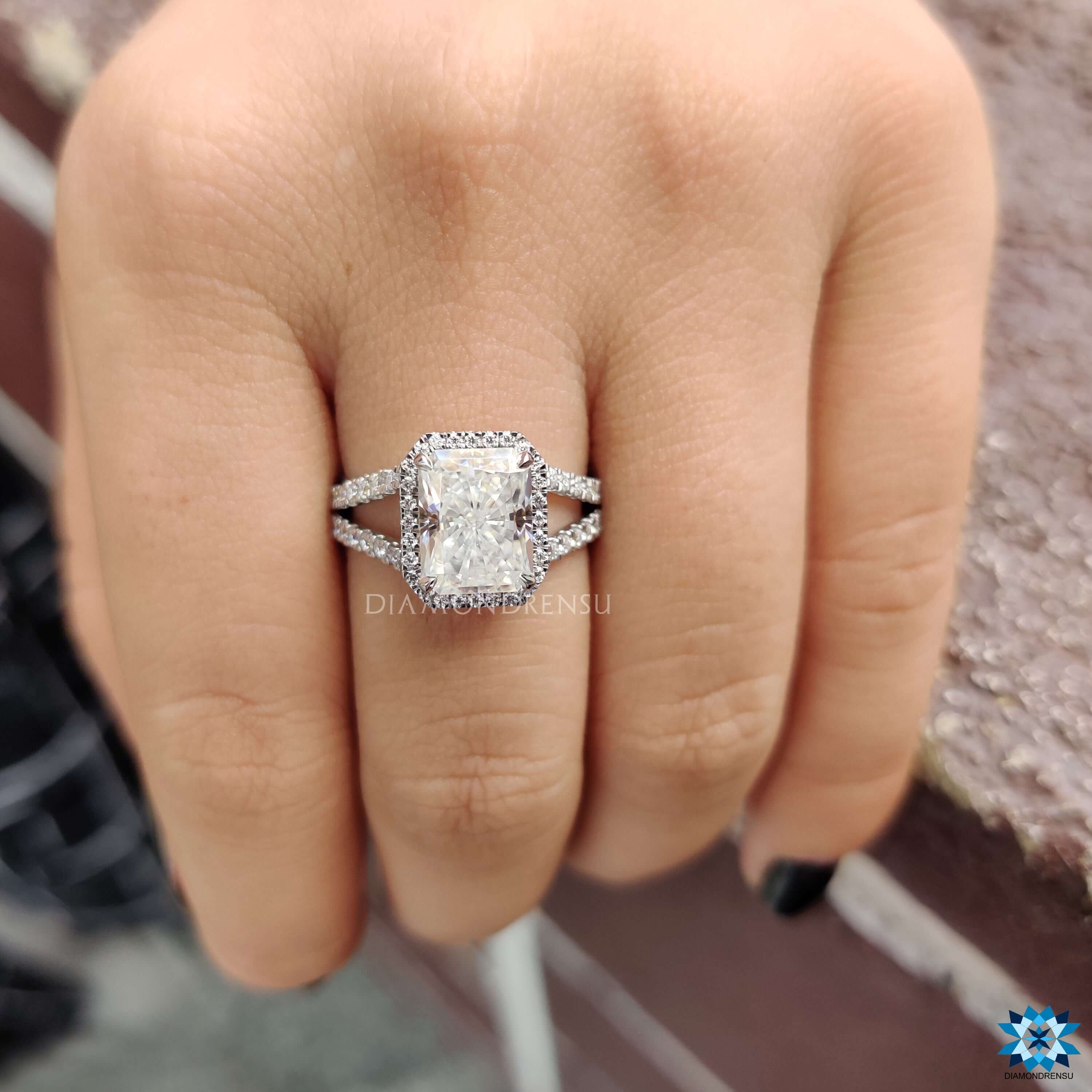 Radiant cut split online shank engagement ring